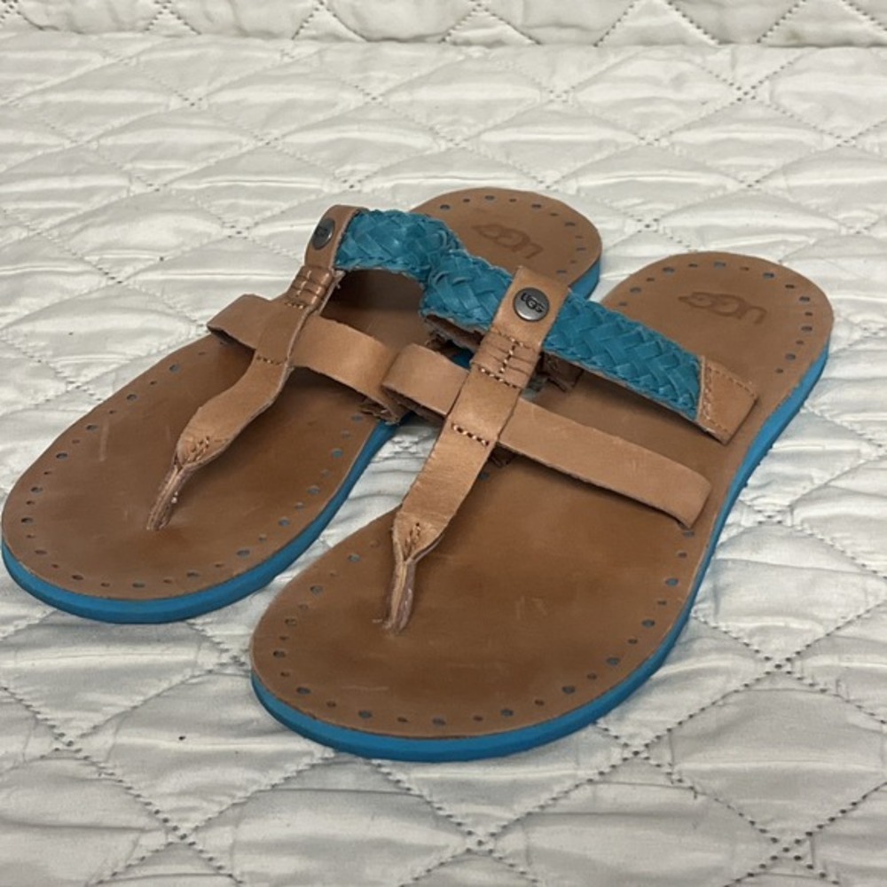 UGG Women's Australia Audra Brown Leather Aqua Blue Boho Sandals‎ Flats Shoes 6